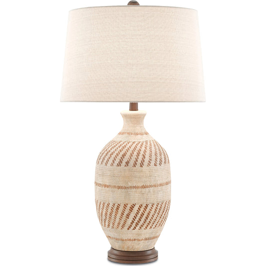 Faiyum Table Lamp by Currey and Company in tan, brown, hand-rubbed bronze. Made from terracotta, wood in a coastal style.