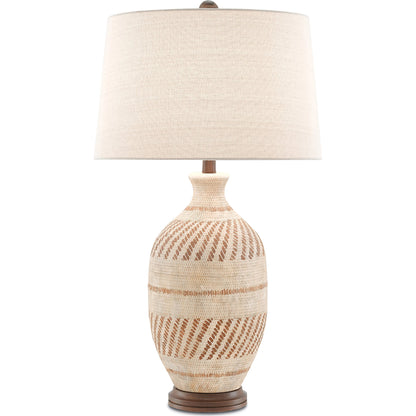 Faiyum Table Lamp by Currey and Company in tan, brown, hand-rubbed bronze. Made from terracotta, wood in a coastal style.