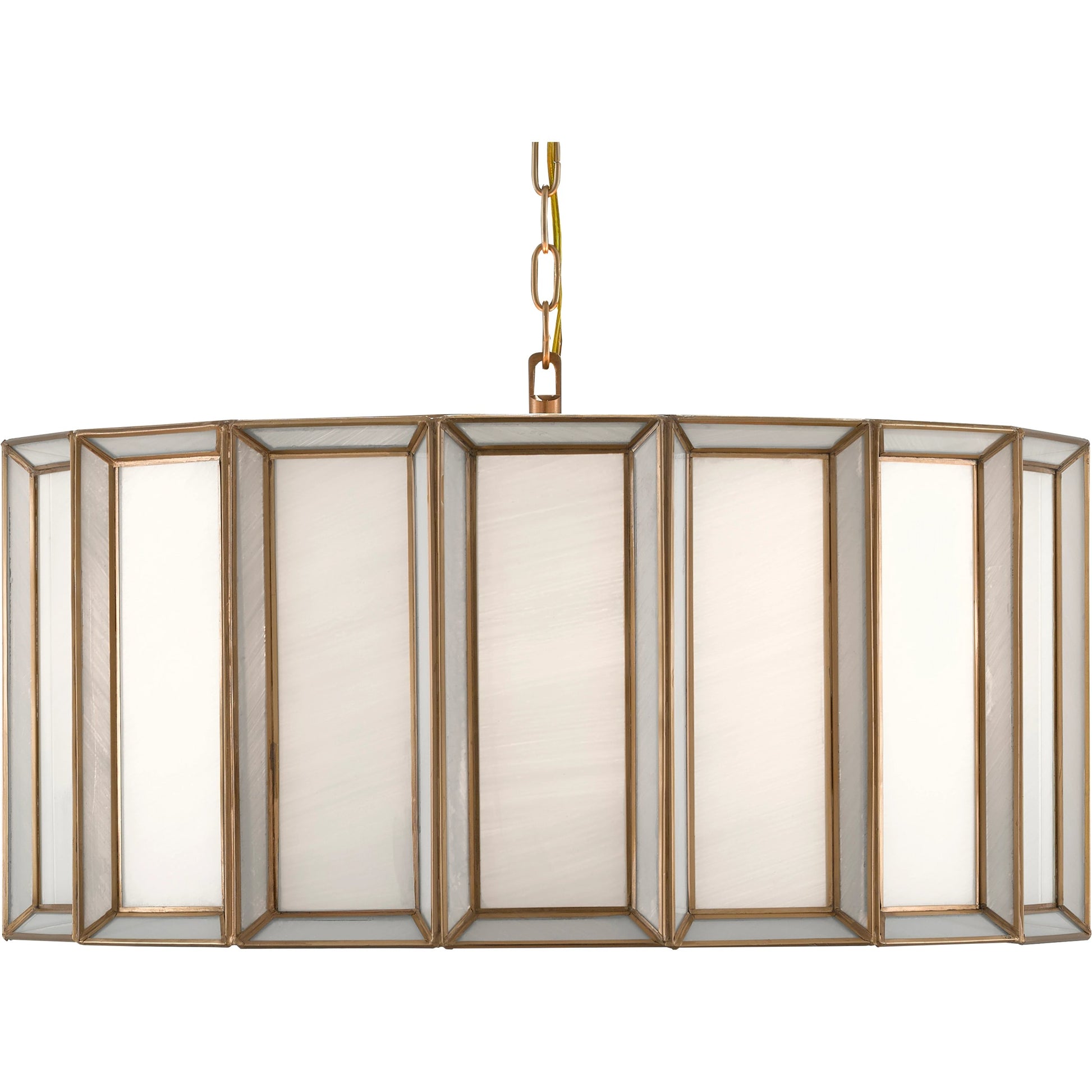 Daze Pendant by Currey and Company in antique brass, white. Made from brass, iron, milk glass in a modern style.