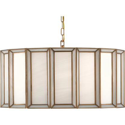 Daze Pendant by Currey and Company in antique brass, white. Made from brass, iron, milk glass in a modern style.