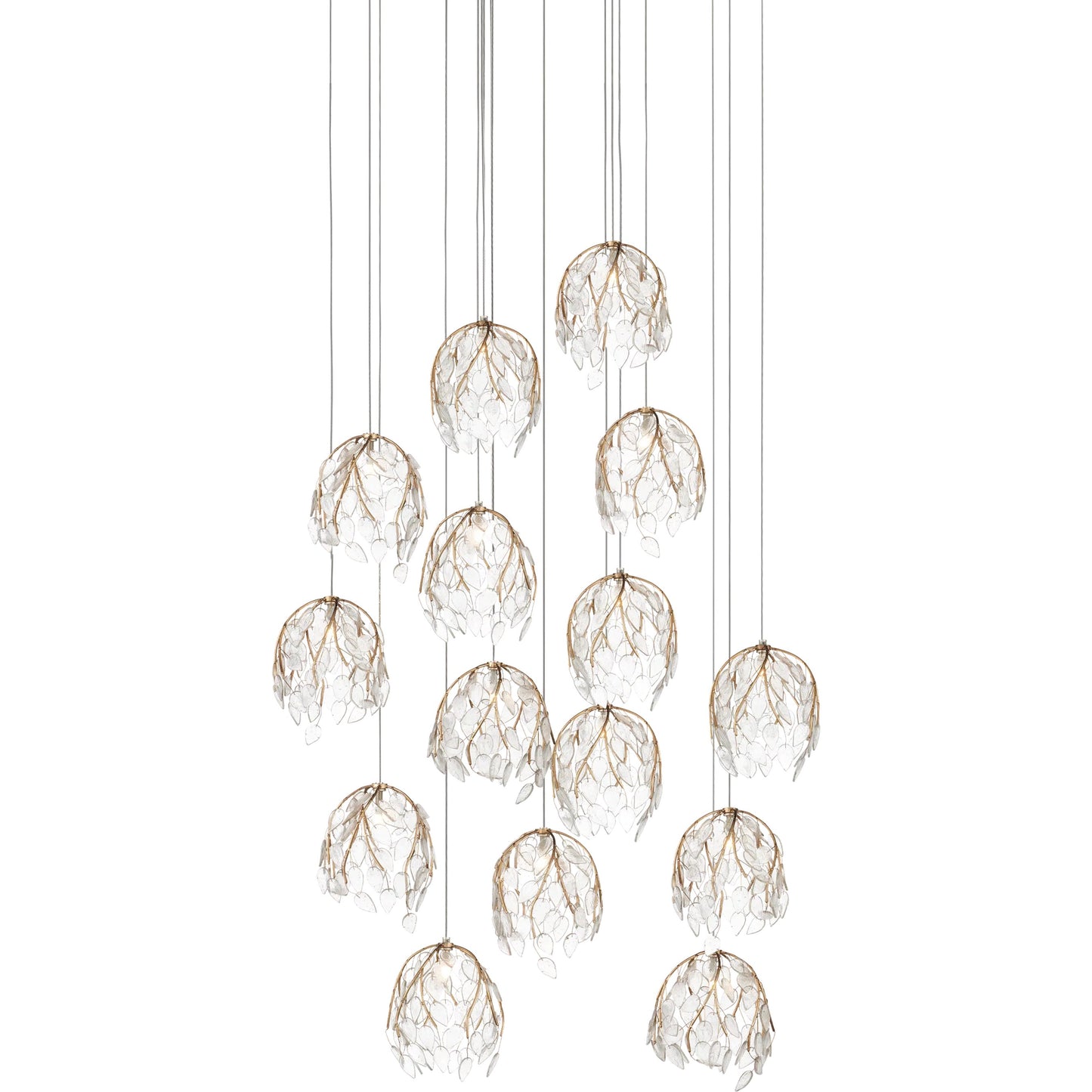 001 SI-2524230 | Primary Silo | Banyan 15-Light Multi-Drop Pendant by Currey and Company in antique brass, clear, silver. Made from metal, glass in a modern style.