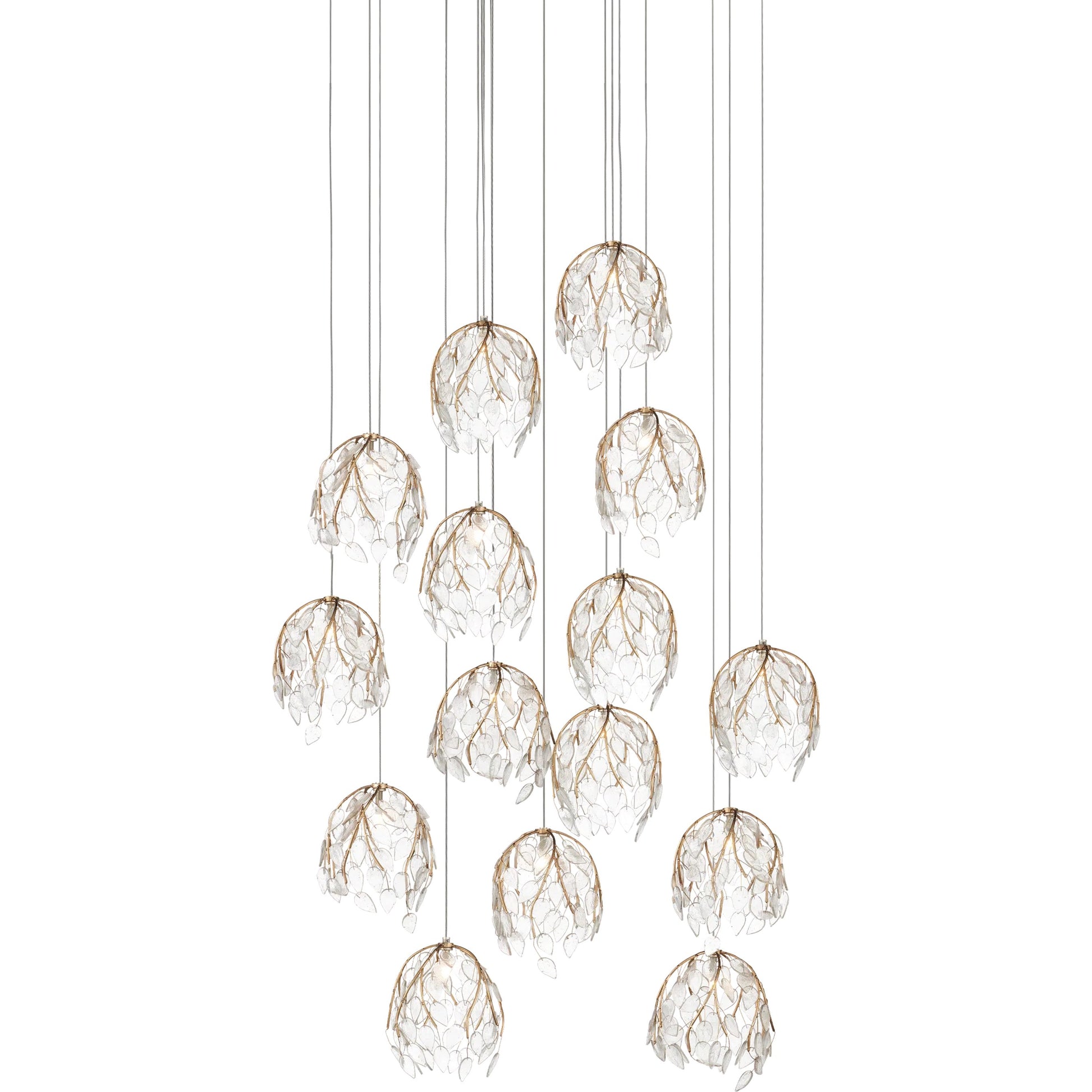 Banyan 15-Light Multi-Drop Pendant by Currey and Company in antique brass, clear, silver. Made from metal, glass in a modern style.