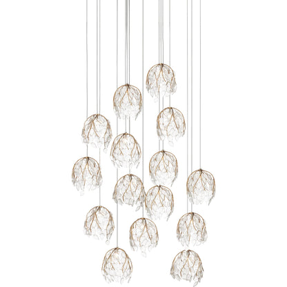 Banyan 15-Light Multi-Drop Pendant by Currey and Company in antique brass, clear, silver. Made from metal, glass in a modern style.