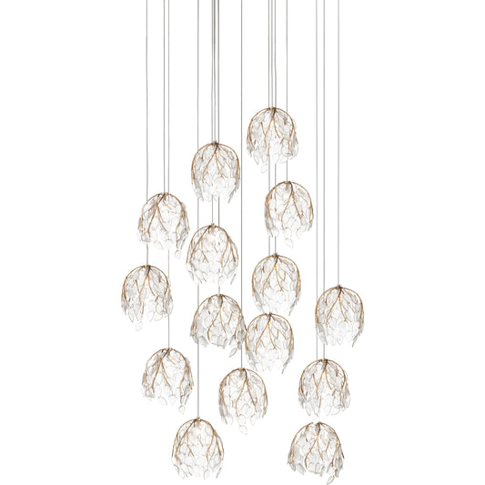 Banyan 15-Light Multi-Drop Pendant by Currey and Company in antique brass, clear, silver. Made from metal, glass in a modern style.