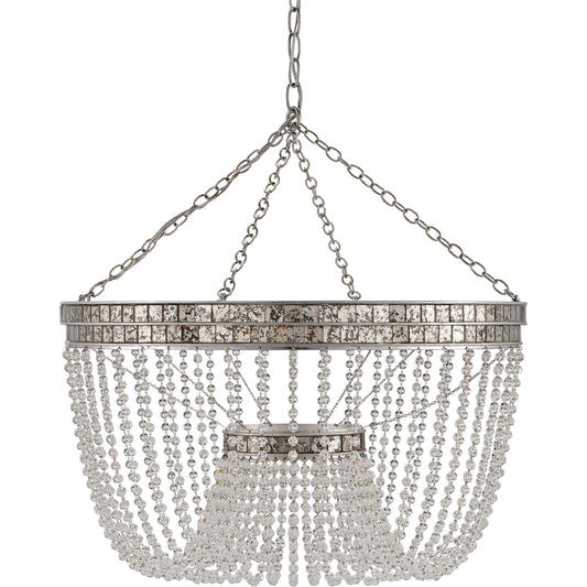 Highbrow Chandelier by Currey and Company in contemporary silver leaf, distressed silver leaf. Made from wrought iron, crystal, glass in a traditional style.