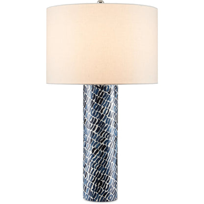 Indigo Table Lamp by Currey and Company in blue, white. Made from composite, wood, bone in a coastal style.