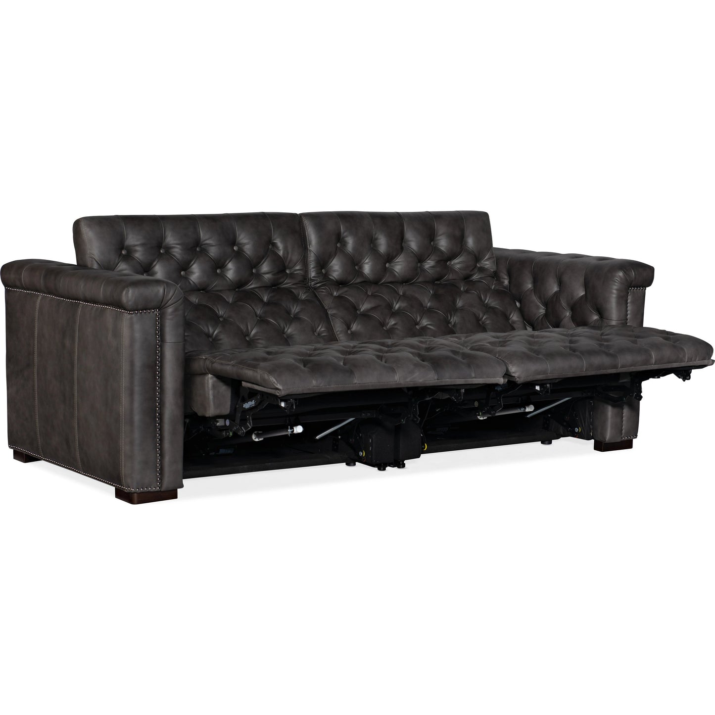 004 SI-1996364 | Additional Silo | Savion 2 Over 2 Power Reclining Sofa by Hooker Furniture in bellagio gravel and dark wood. Made from leather (finished top grain with split) in a transitional style.