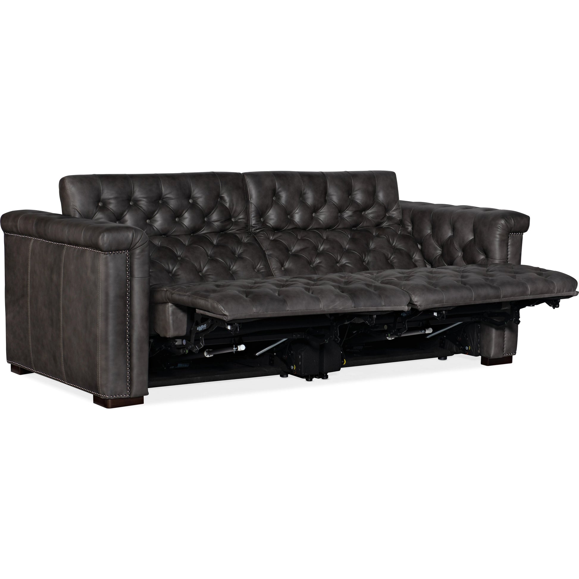 Savion 2 Over 2 Power Reclining Sofa by Hooker Furniture in bellagio gravel and dark wood. Made from leather (finished top grain with split) in a transitional style.