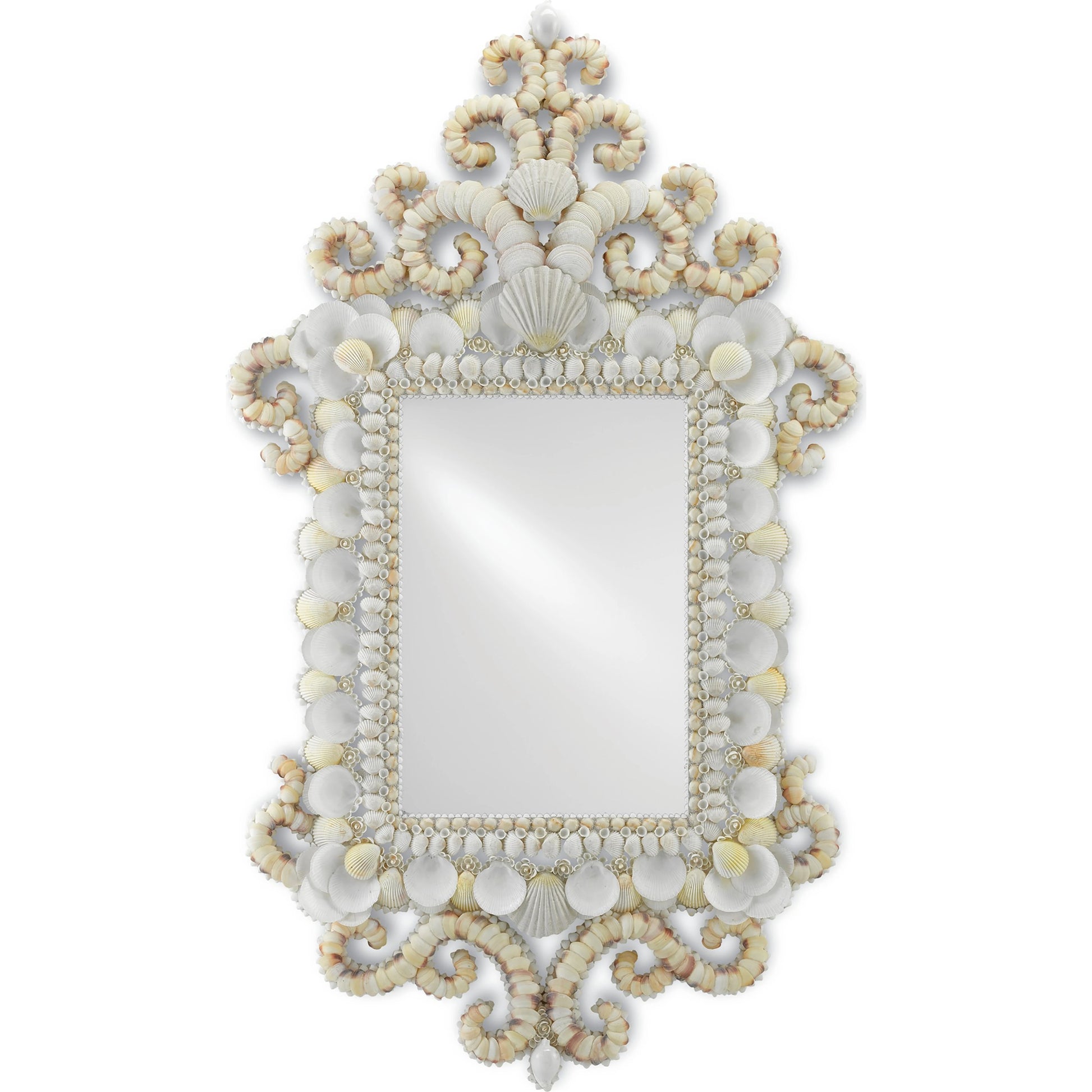 Cecilia Mirror by Currey and Company in white, natural, mirror. Made from shells, wood, mirror in a coastal style.