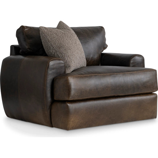 Cameron Leather Swivel Chair by Bernhardt in brown. Made from leather, polyfoam core, polyester fibers, waterfowl feathers, waterfowl down in a traditional style.
