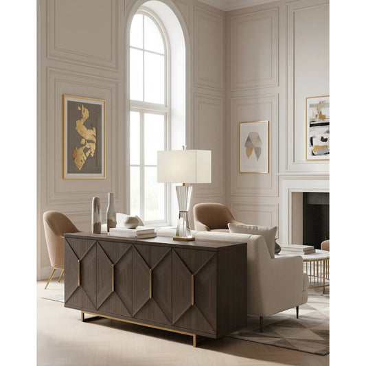 Laelia Table Lamp by Currey and Company in clear, antique brass. Made from optic crystal, metal in a modern style.