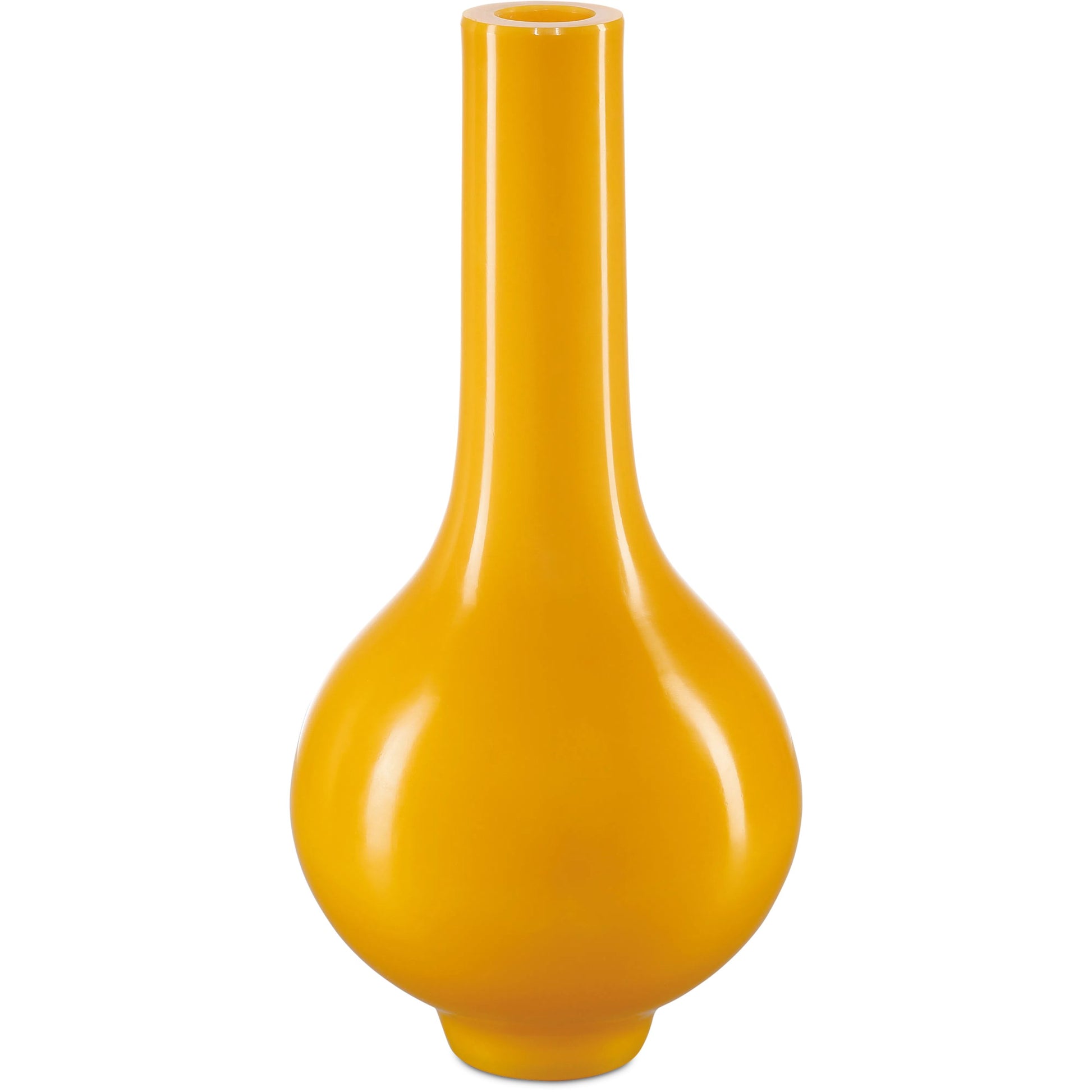 Imperial Yellow Peking Long Neck Vase by Currey and Company in imperial yellow. Made from glass in a modern style.