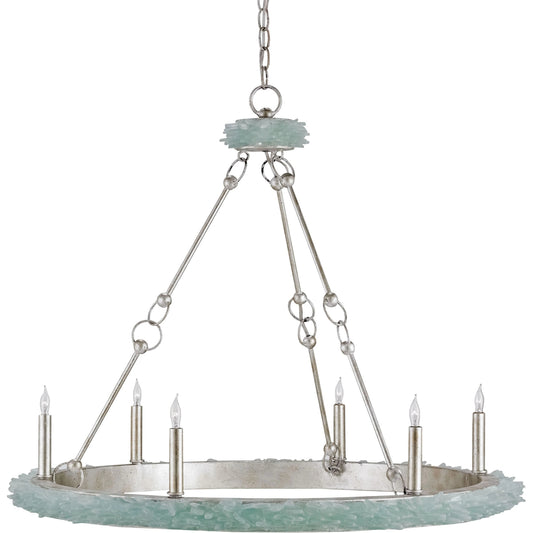 Tidewater Chandelier by Currey and Company in silver granello, seaglass. Made from wrought iron, glass in a coastal style.