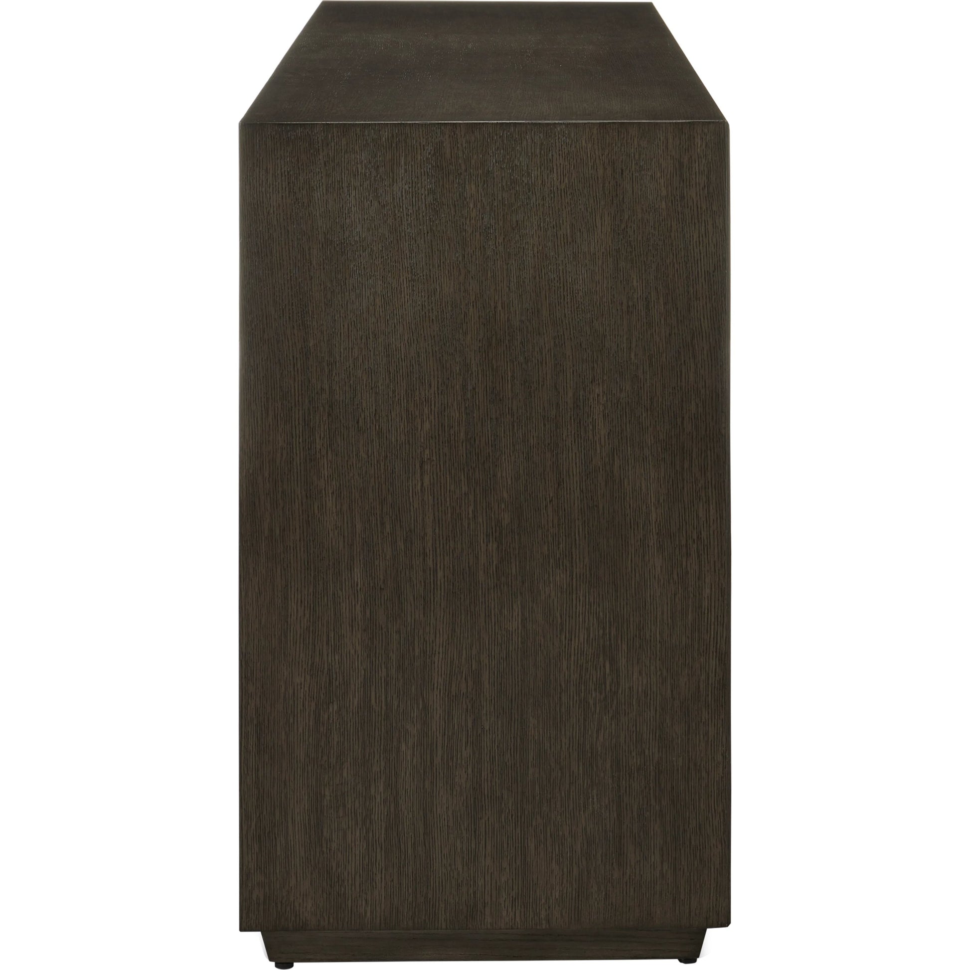 Kendall Credenza by Currey and Company in dove gray, polished brass. Made from oak solids, veneers, brass in a transitional style.