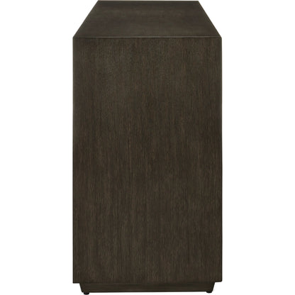 Kendall Credenza by Currey and Company in dove gray, polished brass. Made from oak solids, veneers, brass in a transitional style.