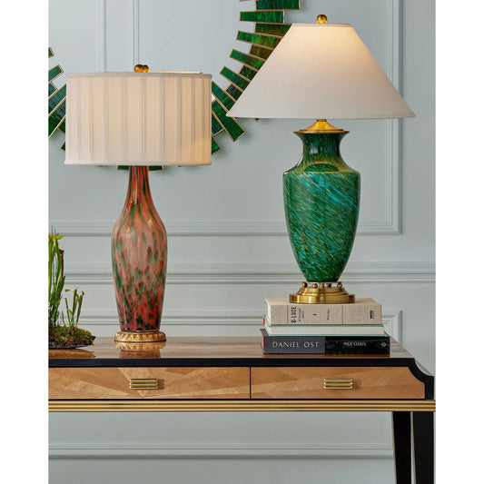 Claude Table Lamp by Currey and Company in green, antique brass. Made from glass, metal in a modern style.