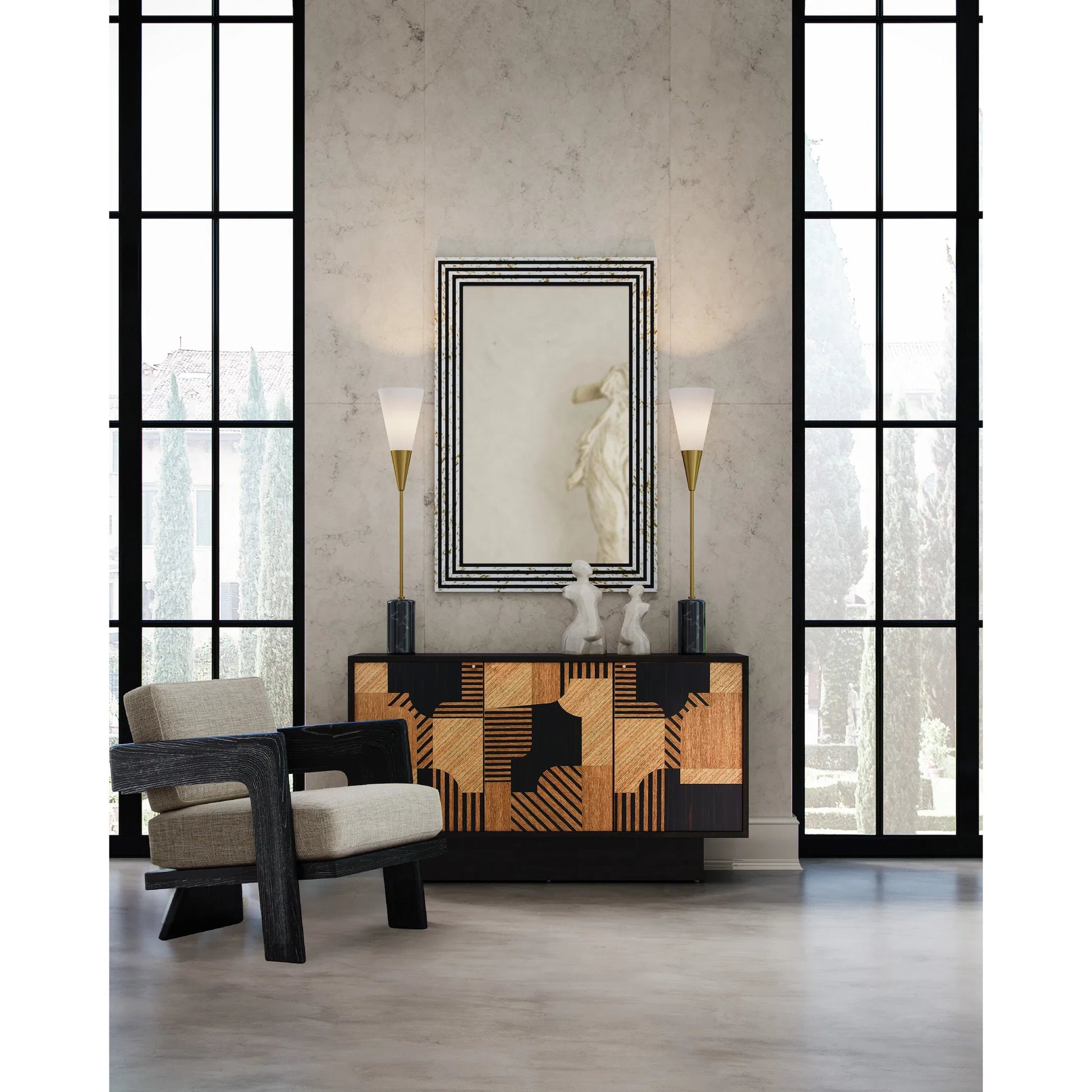 Martini Torchiere Table Lamp by Currey and Company in brushed brass, black. Made from metal, marble in a modern style.