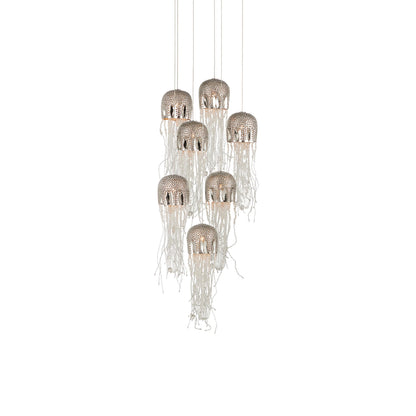Medusa Round 7-LIGHT Multi-Drop Pendant by Currey and Company in nickel, silver. Made from nickel, steel, glass in a modern style.