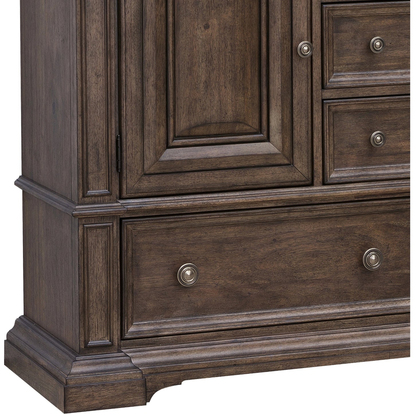 008 SI-2143487 | Closeup | Woodbury Cabinet Dresser & Mirror Set by Pulaski Furniture in cowboy boots brown. Made from rubberwood in a traditional style.