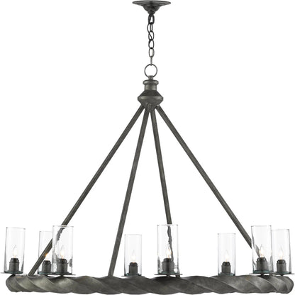 Orson Chandelier by Currey and Company in light mole. Made from wrought iron, glass in a modern style.