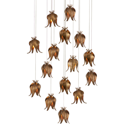 Iota Round 15-LIGHT Multi-Drop Pendant by Currey and Company in antique brass, silver. Made from brass in a modern style.