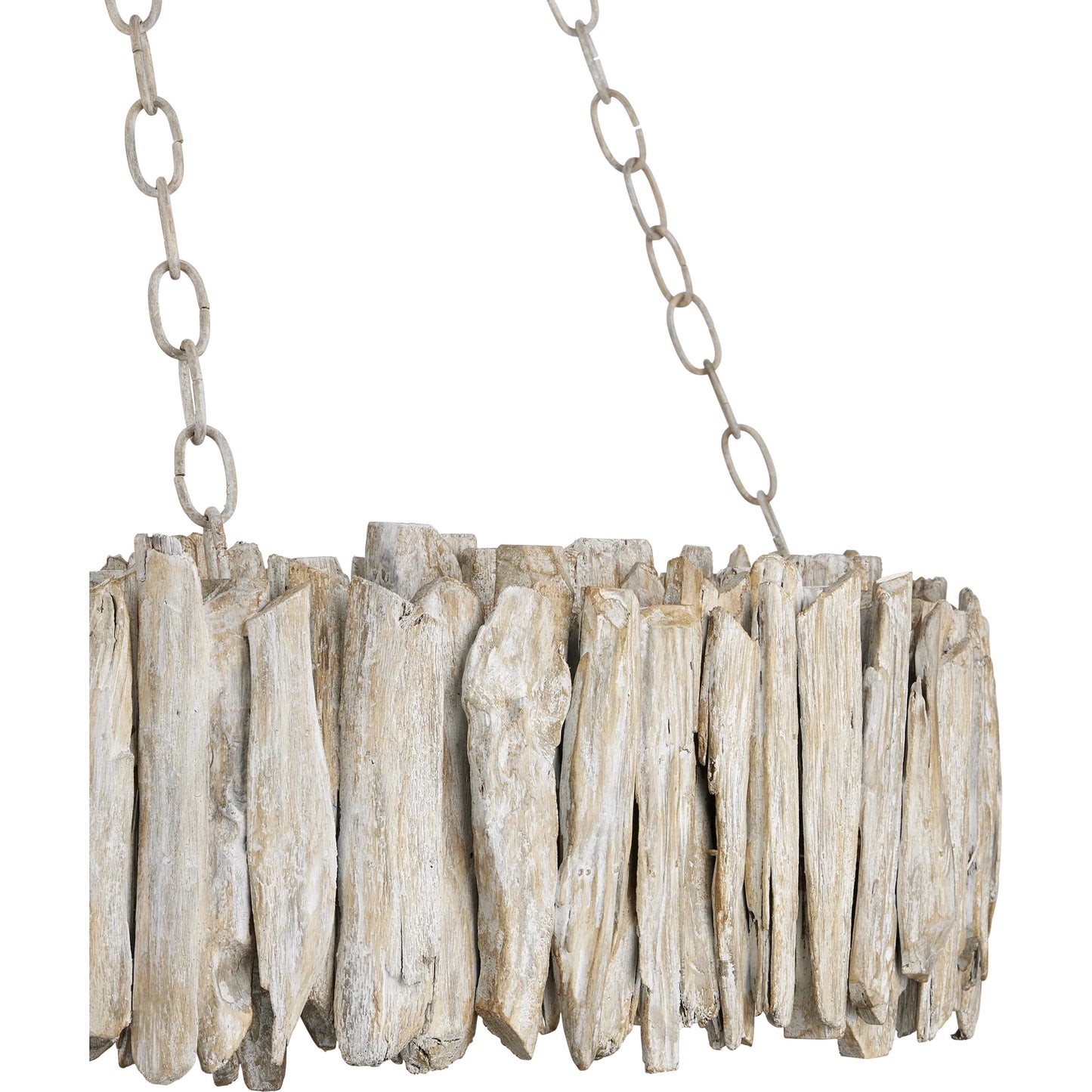 005 SI-2257420 | Closeup | Driftwood Ring Chandelier by Currey and Company in whitewash. Made from driftwood, wrought iron in a cottage & farmhouse style.