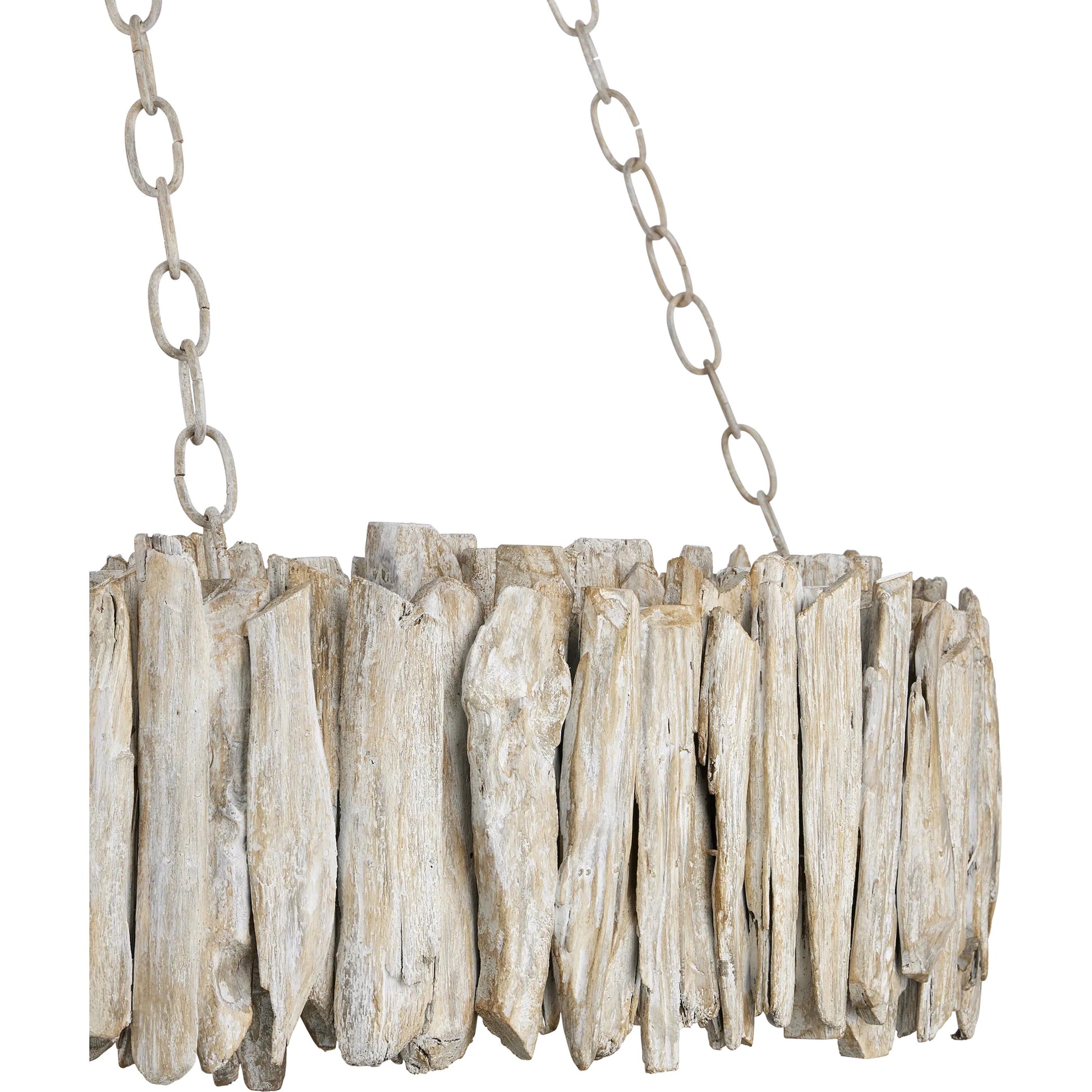 Driftwood Ring Chandelier by Currey and Company in whitewash. Made from driftwood, wrought iron in a cottage & farmhouse style.