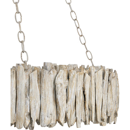 Driftwood Ring Chandelier by Currey and Company in whitewash. Made from driftwood, wrought iron in a cottage & farmhouse style.