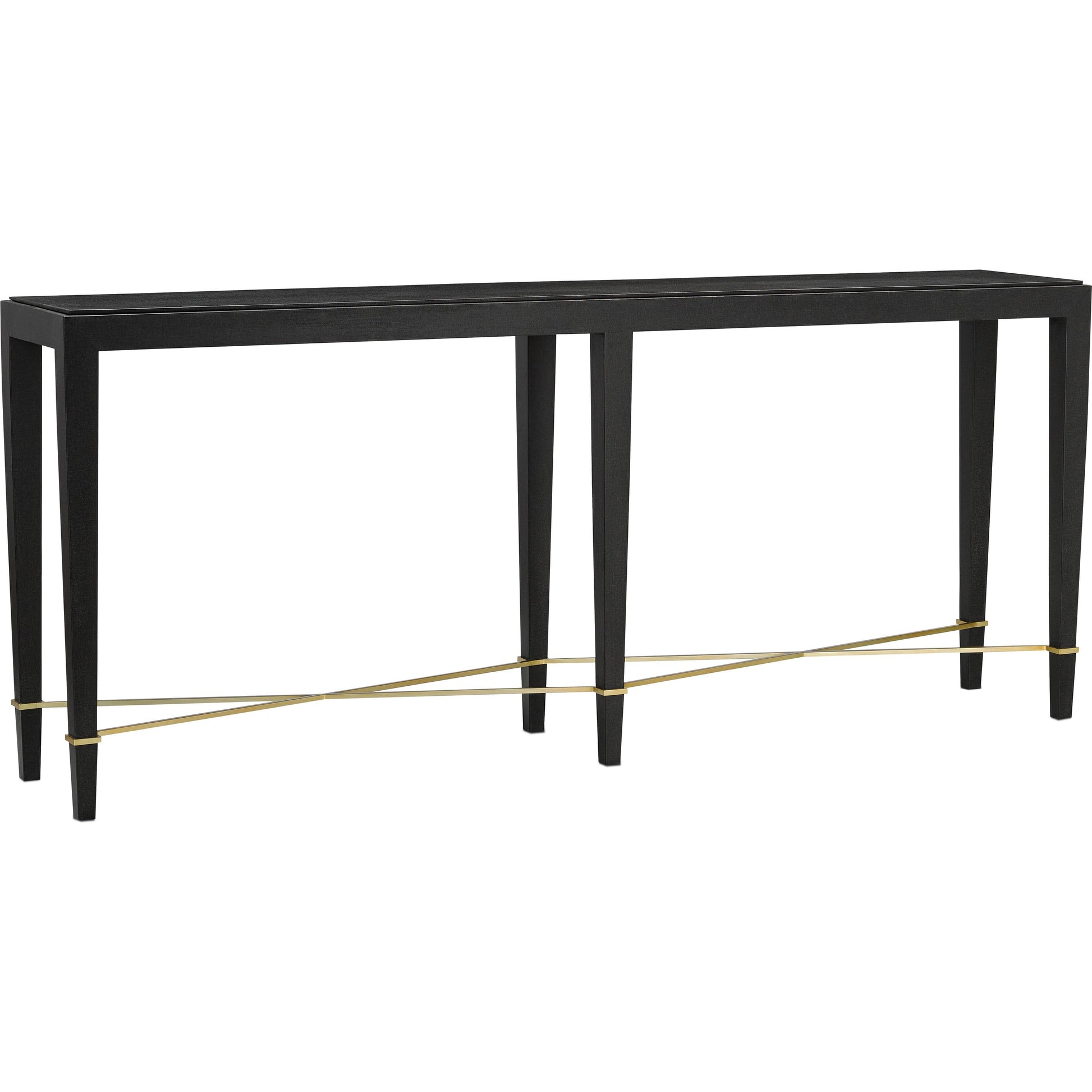 Verona Console Table by Currey and Company in black lacquered linen, champagne metal. Made from black lacquered linen, solid wood, engineered wood, metal in a modern style.