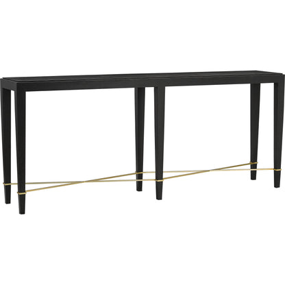 Verona Console Table by Currey and Company in black lacquered linen, champagne metal. Made from black lacquered linen, solid wood, engineered wood, metal in a modern style.