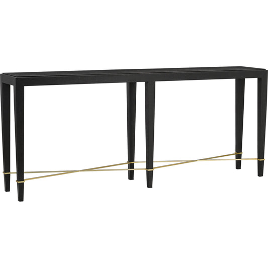 Verona Console Table by Currey and Company in black lacquered linen, champagne metal. Made from black lacquered linen, solid wood, engineered wood, metal in a modern style.