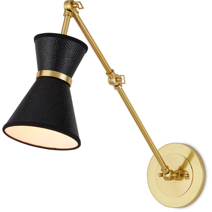Avignon Wall Sconce by Currey and Company in polished brass, black. Made from metal, paper in a modern style.