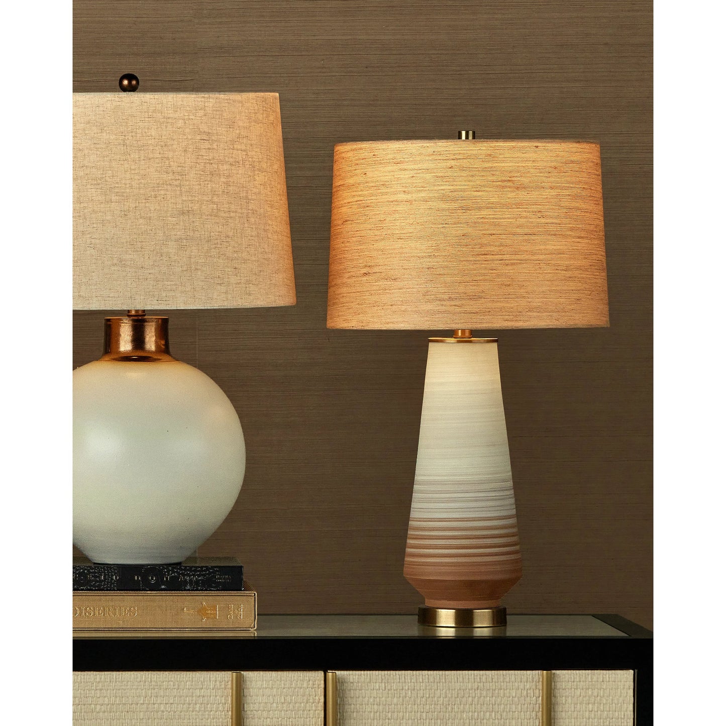 004 SI-2191721 | Lifestyle | Geologie Table Lamp by Currey and Company in beige, pale gray, brown, antique brass. Made from porcelain, metal in a modern style.