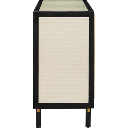 Deanna Raffia Credenza by Currey and Company in ivory, black, satin brass, natural, clear. Made from raffia, okume veneer, stainless steel, sycamore veneer, tempered glass in a modern style.
