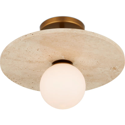 Apricity Semi-Flush Mount by Currey and Company in beige, antique brass, frosted white. Made from travertine, metal, glass in a modern style.