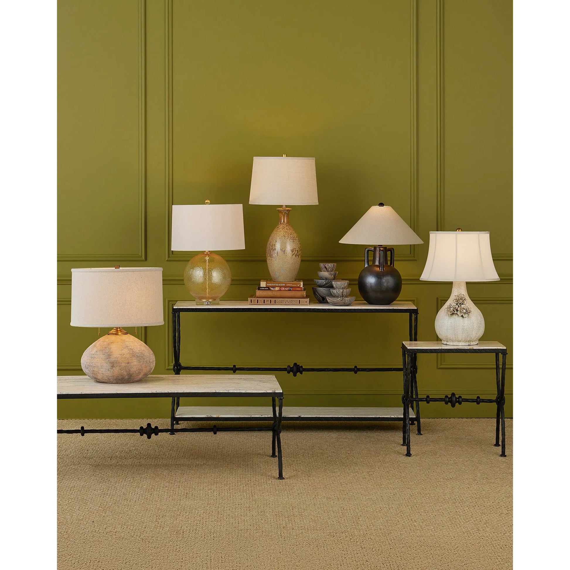 Stellata Table Lamp by Currey and Company in ochre. Made from ceramic in a modern style.