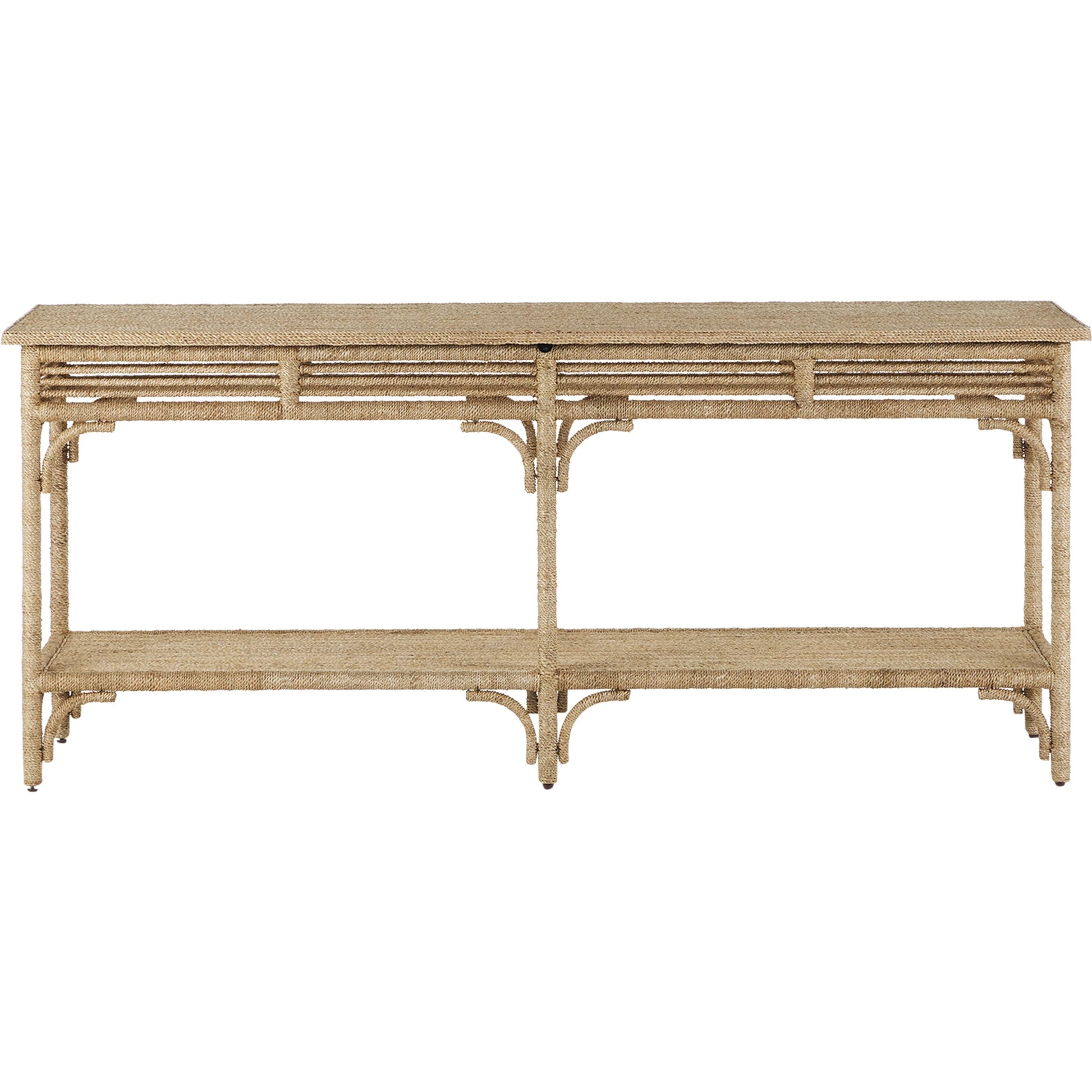Olisa Rope Console Table by Currey and Company in natural, brown carafe. Made from abaca rope, wood, iron in a modern style.
