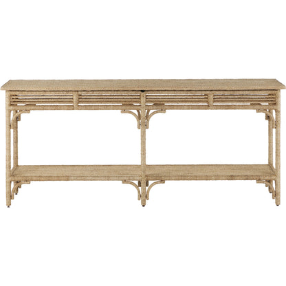Olisa Rope Console Table by Currey and Company in natural, brown carafe. Made from abaca rope, wood, iron in a modern style.