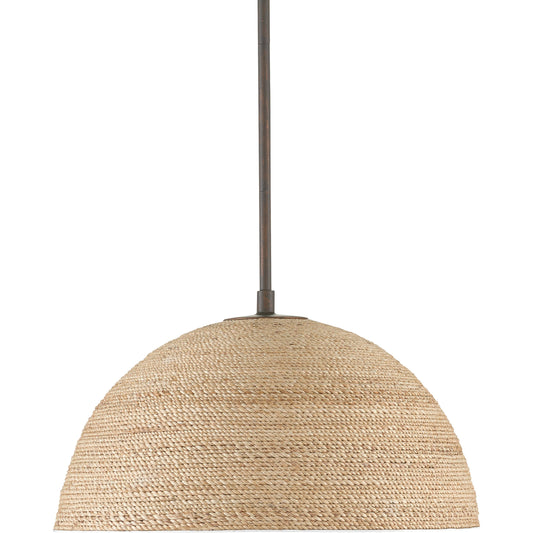Tobago Pendant by Currey and Company in bronze gold, natural abaca rope. Made from wrought iron, abaca rope in a coastal style.