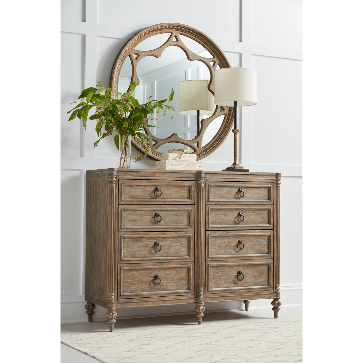 005 SI-2064912 | Lifestyle | Architrave Round Mirror by A.R.T. Furniture in almond. Made from pine solids and veneer, glass in a traditional style.