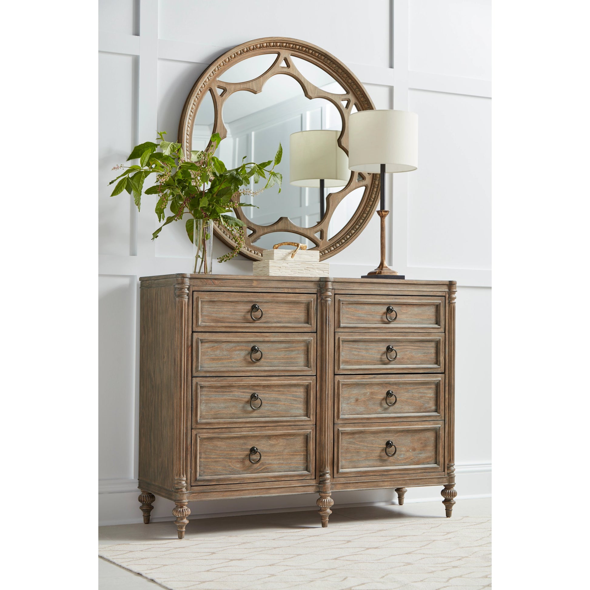 Architrave Round Mirror by A.R.T. Furniture in almond. Made from pine solids and veneer, glass in a traditional style.