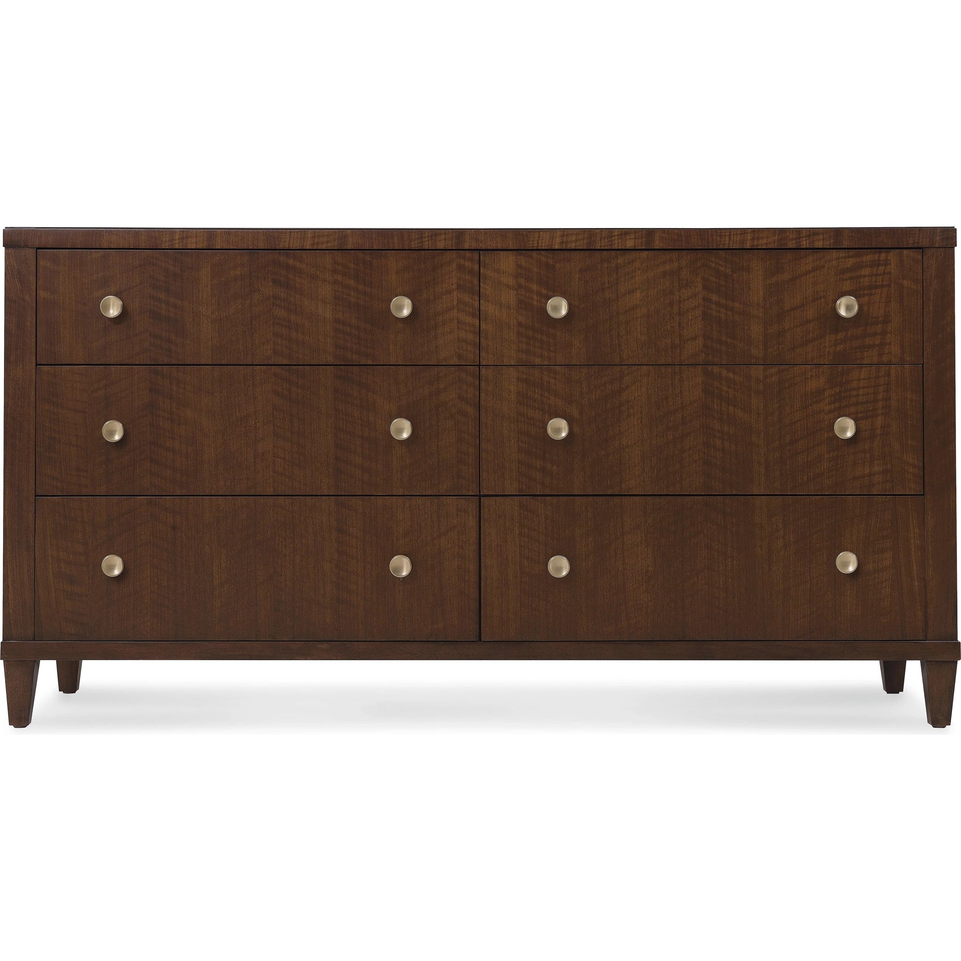 Archives Six-Drawer Dresser by Hooker Furniture in dark wood and classic walnut. Made from figured quartered walnut veneer with oak veneer, cedar, jewelry tray in a transitional style.