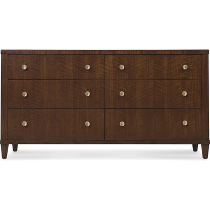 Archives Six-Drawer Dresser by Hooker Furniture in dark wood and classic walnut. Made from figured quartered walnut veneer with oak veneer, cedar, jewelry tray in a transitional style.