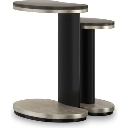 Fritza Bunching End Tables by Caracole in charcoal leaf, deep bronze, almost black. Made from asian hardwood, metal, glass in a modern style.