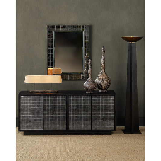 Calyx Torchiere Floor Lamp by Currey and Company in black, antique brass. Made from wood, metal in a unique style.