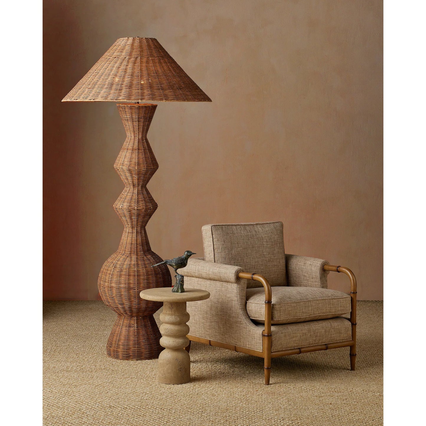 004 SI-2387112 | Lifestyle | Nirvana Floor Lamp by Currey and Company in natural. Made from rattan in a rustic style.