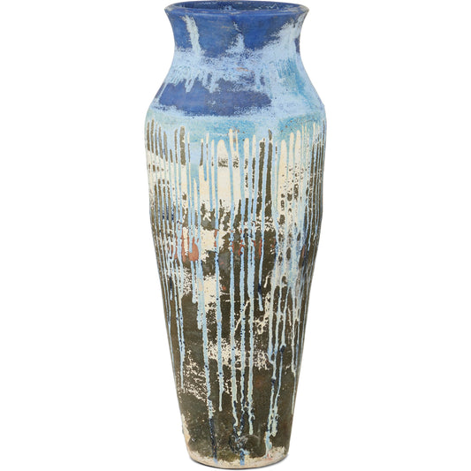 Capizzi Urn by Currey and Company in antique blue drip. Made from ceramic in a modern style.