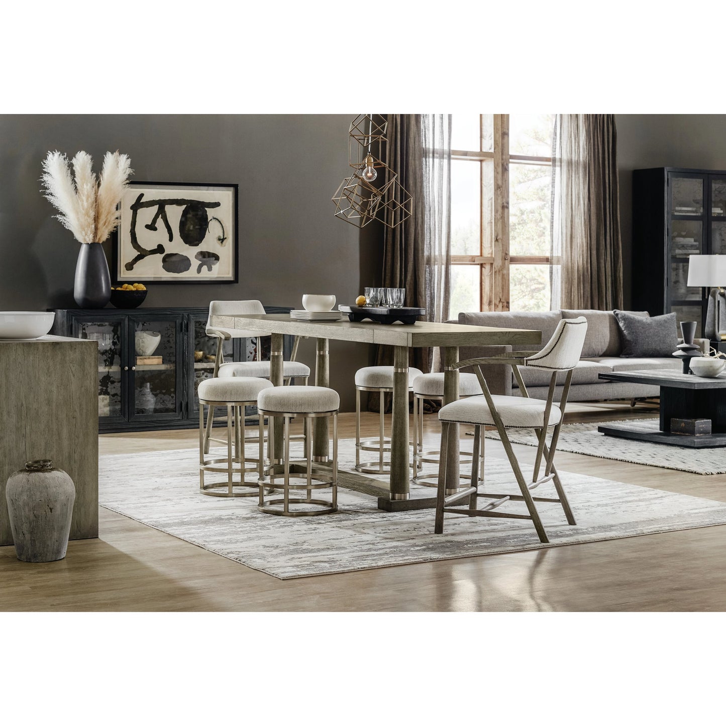 003 SI-1900782 | Lifestyle | Linville Falls Laurel Creek Counter Stool by Hooker Furniture in beige and remington porcelain, champagne. Made from metal, fabric in a modern style.