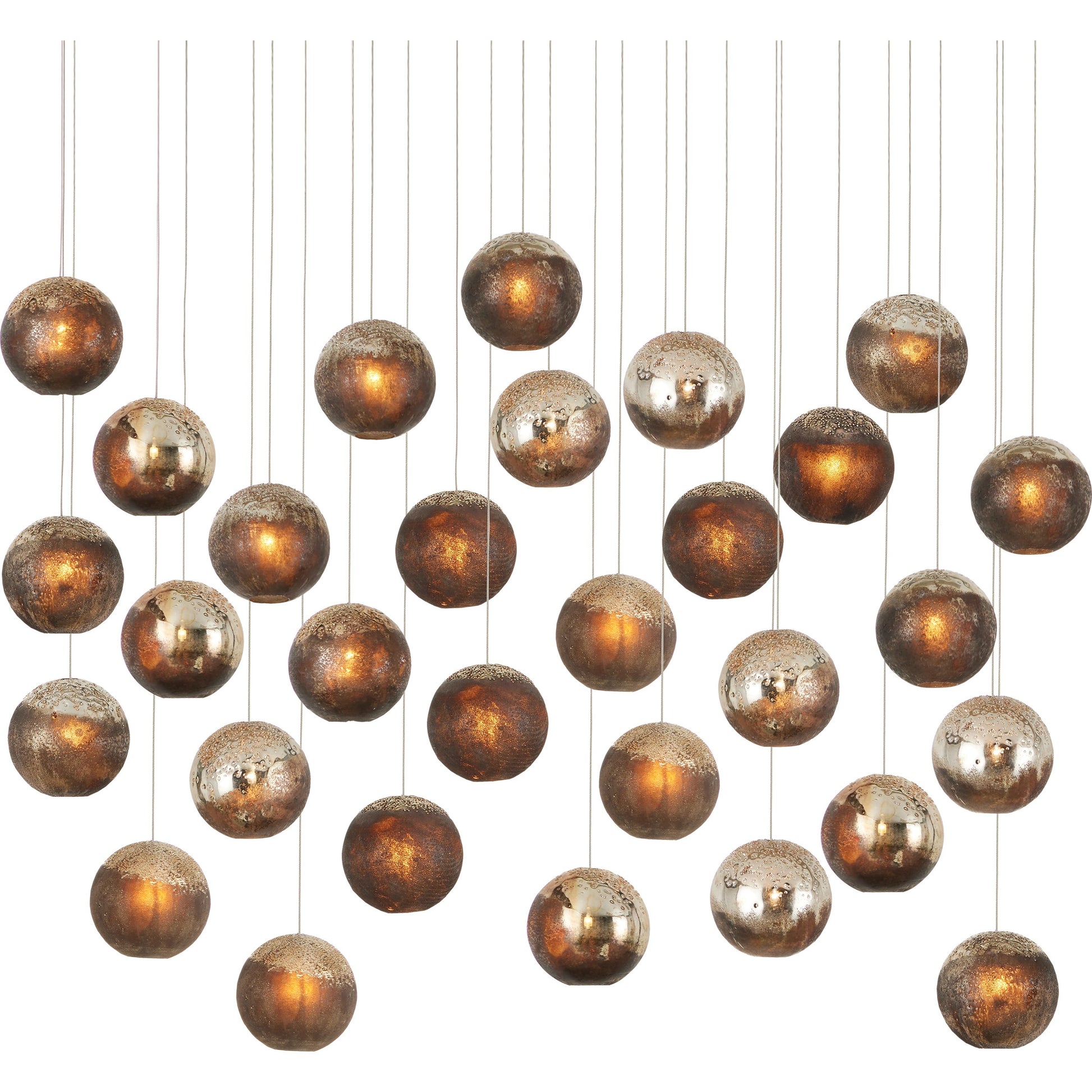 Pathos 30-LIGHT Multi-Drop Pendant by Currey and Company in antique silver, antique gold, matte charcoal, silver. Made from glass in a modern style.