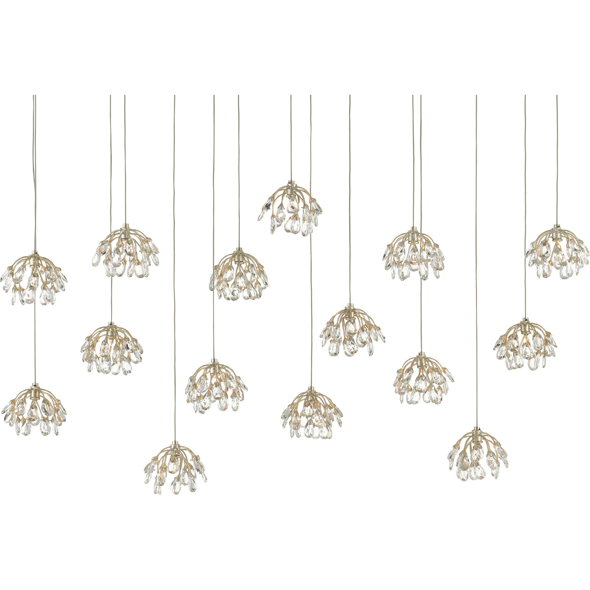 Crystal Bud Linear Pendant by Currey and Company in painted silver, contemporary silver leaf. Made from crystal, wrought iron in a transitional style.